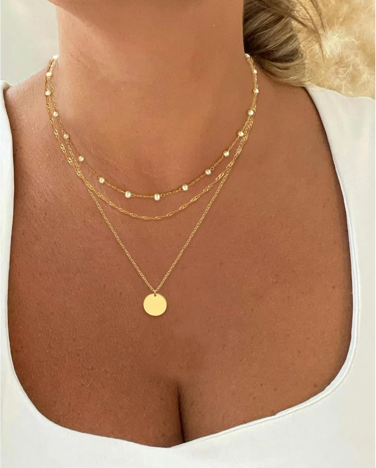 Aisansty Dainty Layered Choker Necklaces Handmade Coin Tube Star Pearl Pendant Multilayer Adjustable Layering Chain Gold Plated Necklaces Set for Women