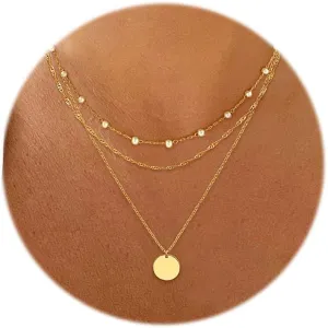 Aisansty Dainty Layered Choker Necklaces Handmade Coin Tube Star Pearl Pendant Multilayer Adjustable Layering Chain Gold Plated Necklaces Set for Women
