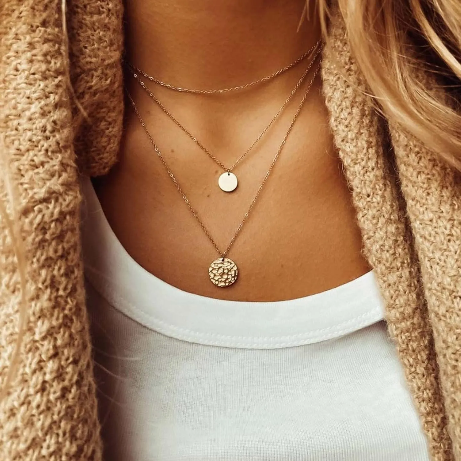Aisansty Dainty Layered Choker Necklaces Handmade Coin Tube Star Pearl Pendant Multilayer Adjustable Layering Chain Gold Plated Necklaces Set for Women