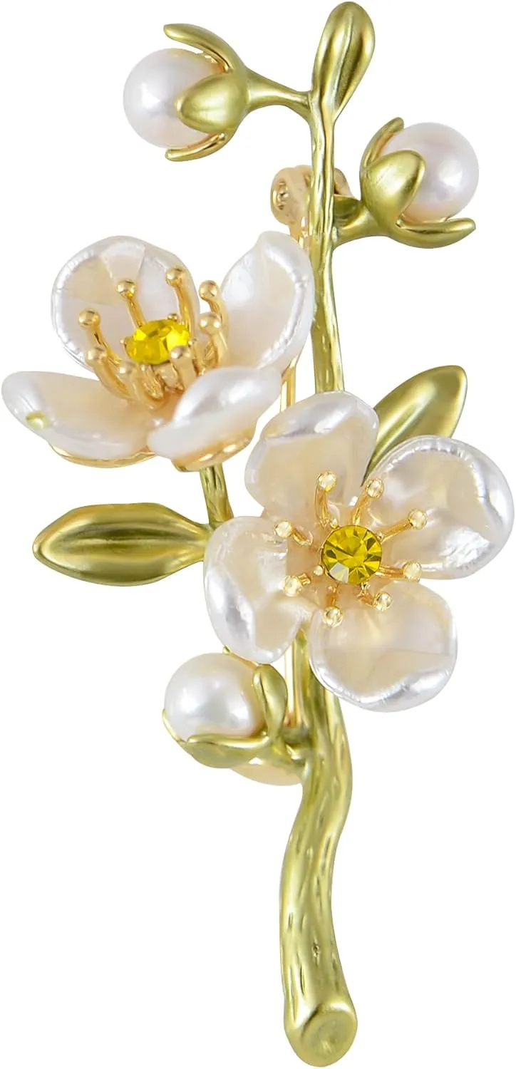 Alilang Elegant Cherry Blossom Flower Plant Brooch Lapel Pin Shell Pearl Leaf Brooches Pins For Birthday, Party, New Year