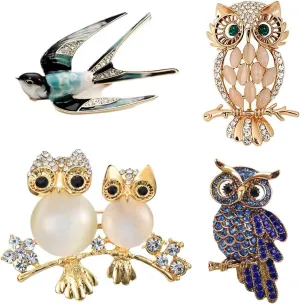 Animal Brooch for Women Corsage Lapel Pin Vintage Gold Rhinestone Owl Enamel Swallow 4PCS Set