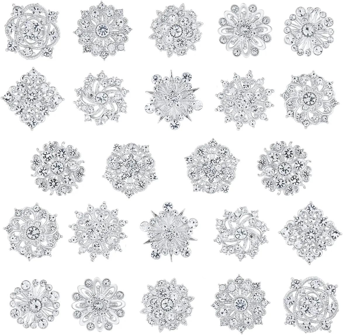 Assorted Small Size Crystal Rhinestone Flower Brooch Pins Set for Crafts Embellishment, Wedding Bouquet Brooches for Women Fashion