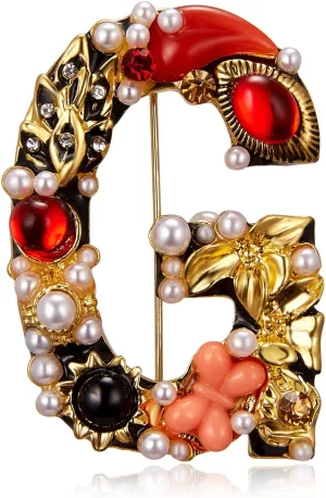 Baroque Letters Brooch Gold Plated Metal Stone Pearl Rhinestone Colorful Lapel Pin Brooches Collar
