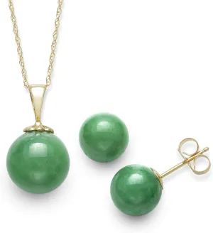 Belacqua Natural Jade Pendant Necklace & Stud Earrings Set for Women |14K Yellow Gold 18" Cable Chain | Jewelry for Her | Gift Box Included
