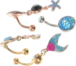 BESPORTBLE 4Pcs Belly Button Rings Cute Shell Turtle Mermaid Design Navel Jewelry for Women Unique Body Piercing Accessories to Enhance Your Style