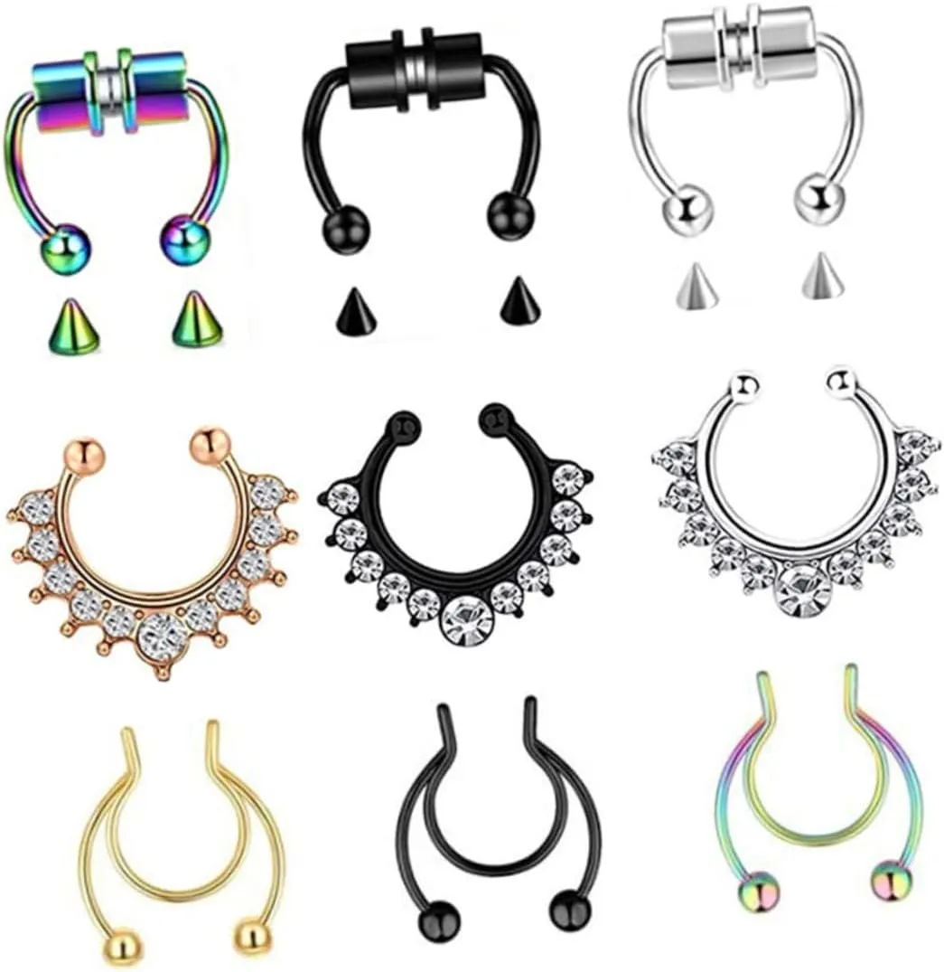 BESPORTBLE 9Pcs Stainless Steel Rhinestone Nose Non Pierced Fake Nose Jewelry for Women Comfortable Fashionable Nose Clips Special Occasions