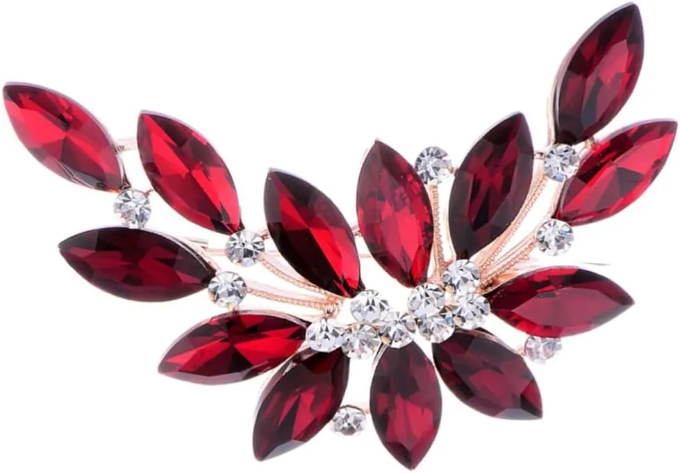 BESPORTBLE Red Crystal Leaf Corsage Brooch Wedding Flower Bouquet Pin Rhinestone Bridal Hair Piece