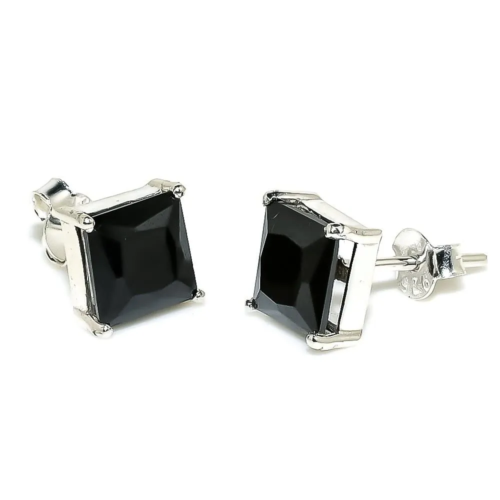 Black Spinel Gemstone Stud for Woman 925 Sterling Silver Earrings for Girls Ear cuff 7x7 mm (Yellow Gold Plated)