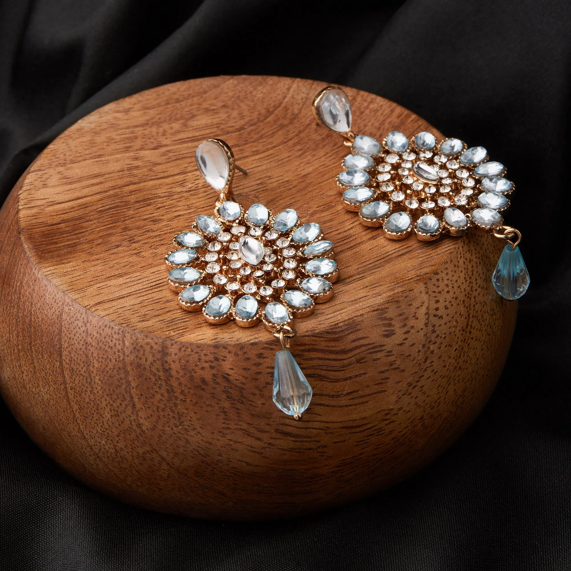 BLUE KUNDAN LONG DROP EARRING