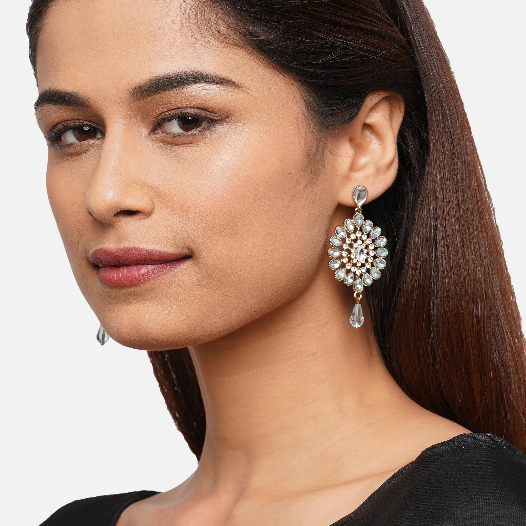 BLUE KUNDAN LONG DROP EARRING