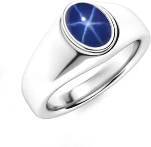 Blue Star Sapphire Men's 925 Sterling Silver Designer Rings - Classic Style with 8x6MM Oval 6 Rays Star Gemstone Accents - Birthstone Rings