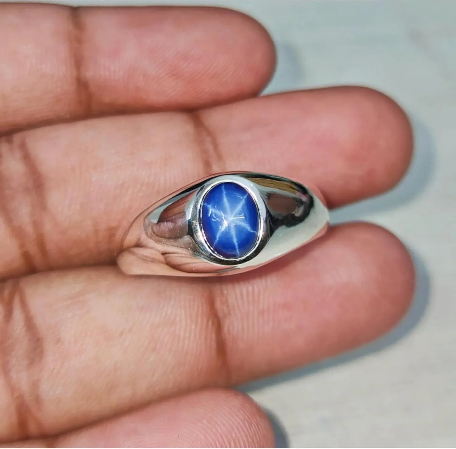 Blue Star Sapphire Men's 925 Sterling Silver Designer Rings - Classic Style with 8x6MM Oval 6 Rays Star Gemstone Accents - Birthstone Rings