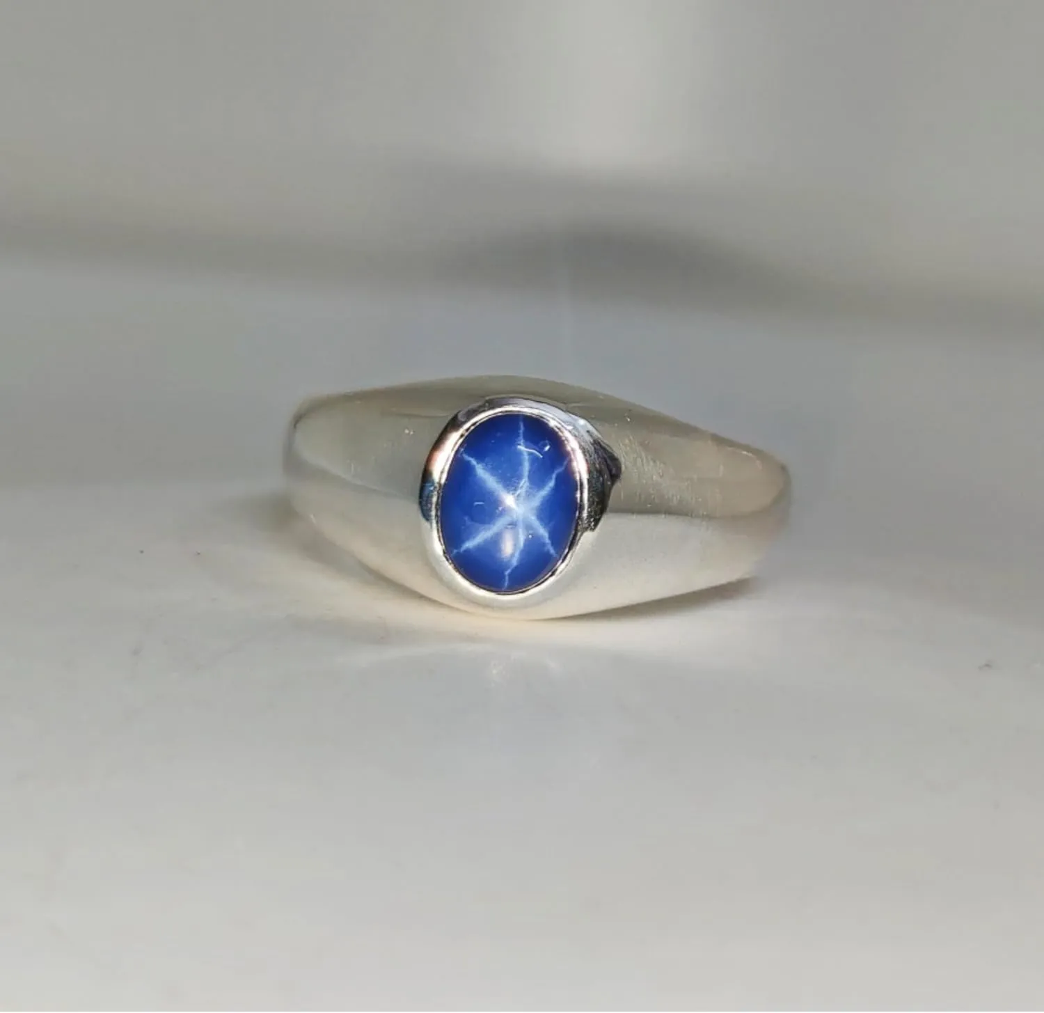 Blue Star Sapphire Men's 925 Sterling Silver Designer Rings - Classic Style with 8x6MM Oval 6 Rays Star Gemstone Accents - Birthstone Rings