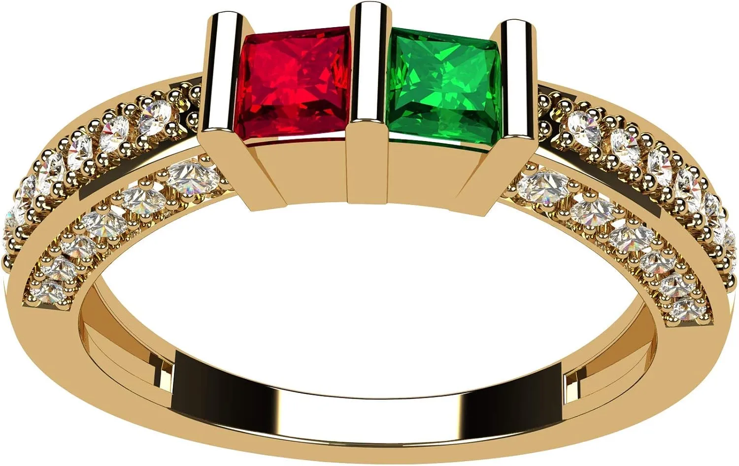 Central Diamond Center Princess Cut Birthstone Couples Ring w/CZs on 3 Sides, Sterling Silver, 10K, or 14K Gold