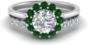 Choose Your Gemstone Flower Ring With Diamond CZ Band sterling silver Round Shape Wedding Ring