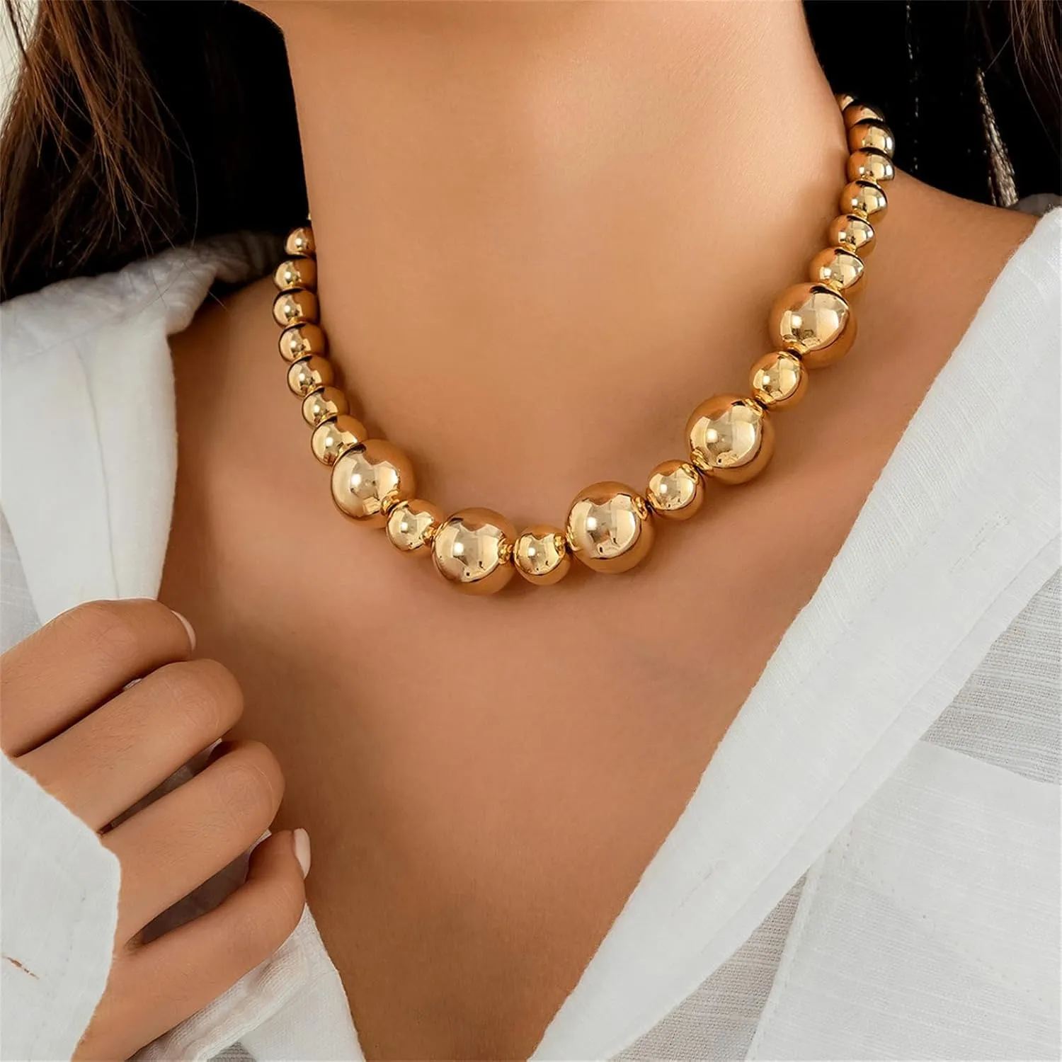 Chunky Gold/Silver Beads Necklaces for Women,Vintage 14K Gold Large Beaded Choker Punk Ball Cluster Collar Necklace Statement Geometric Necklaces Party Jewelry