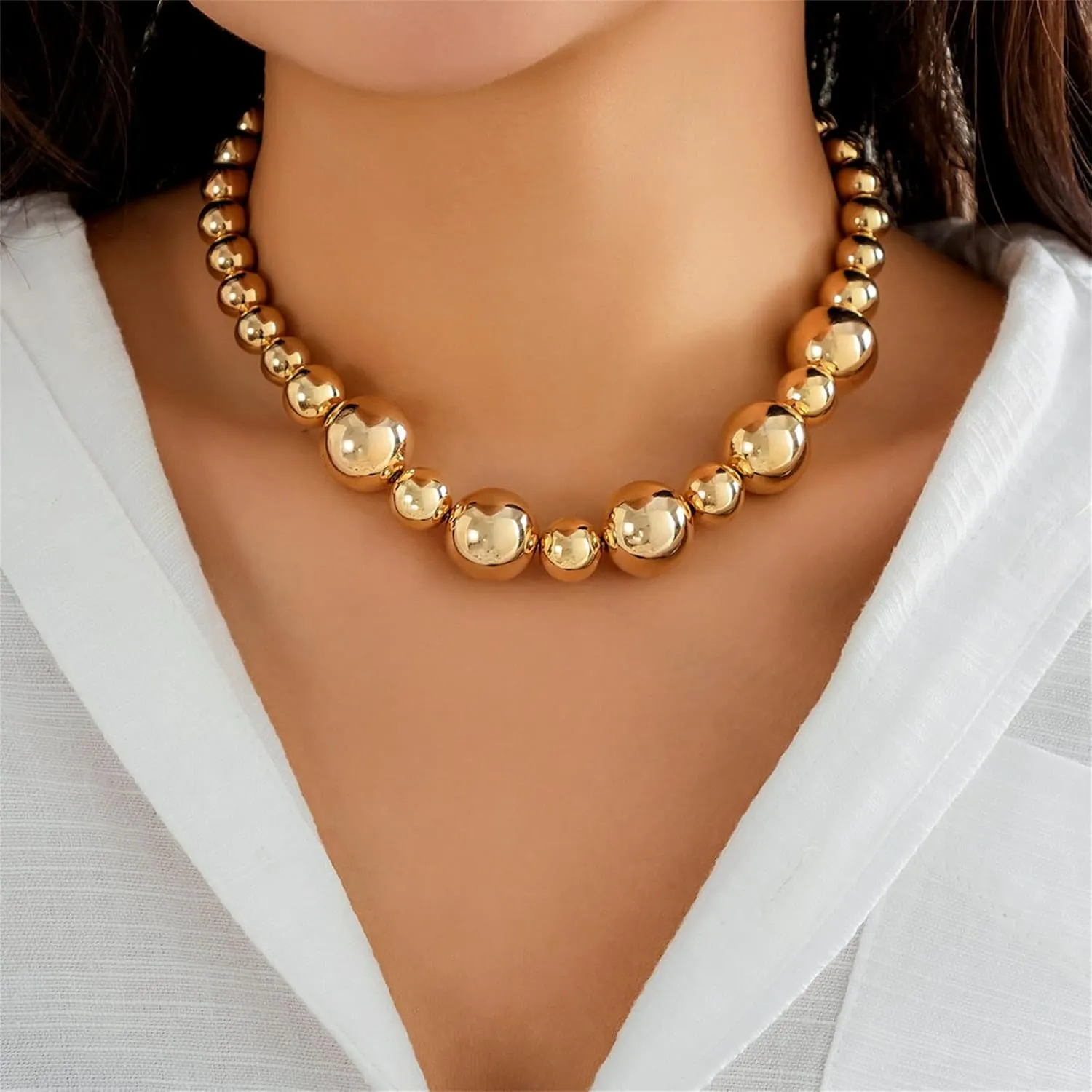 Chunky Gold/Silver Beads Necklaces for Women,Vintage 14K Gold Large Beaded Choker Punk Ball Cluster Collar Necklace Statement Geometric Necklaces Party Jewelry
