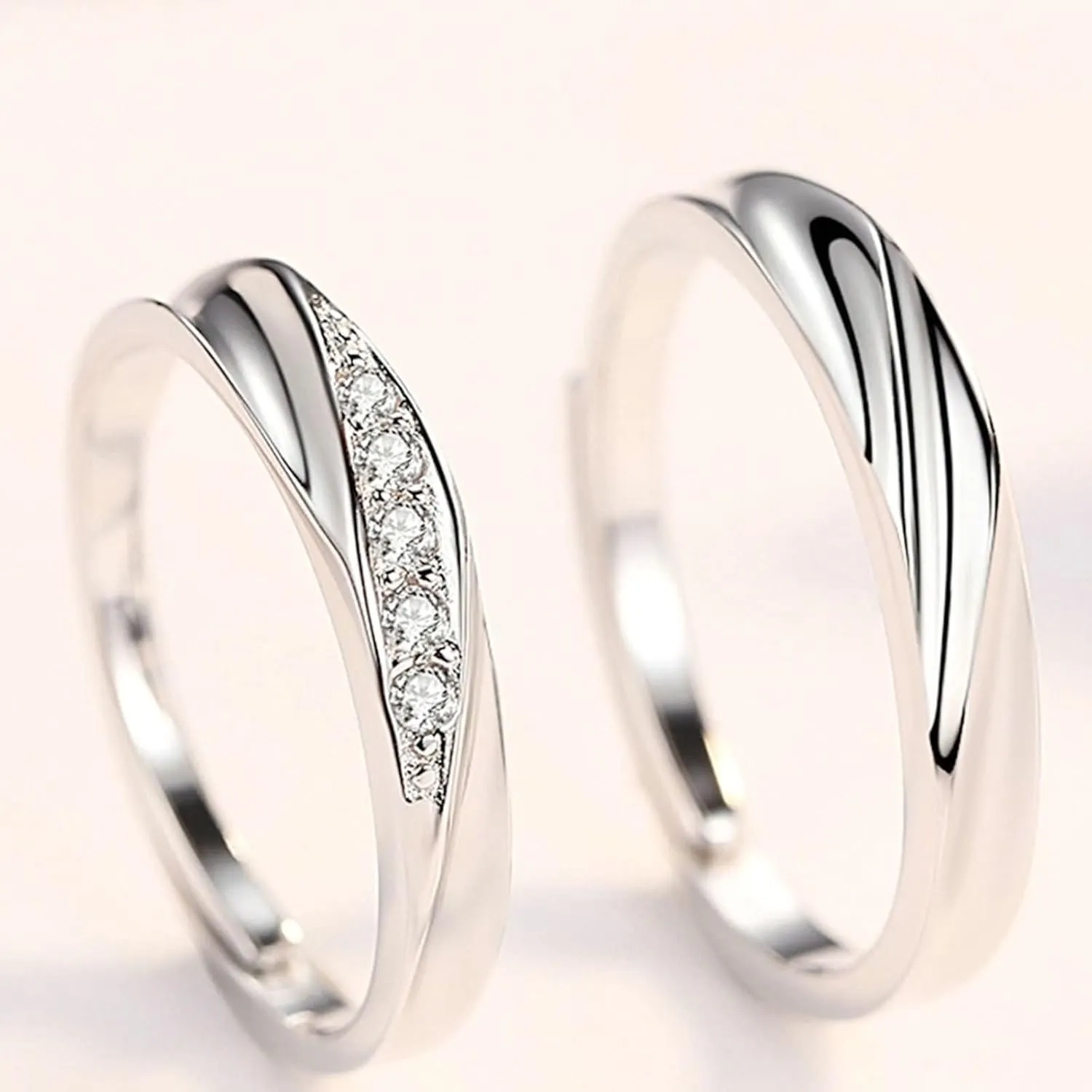 Couple Rings Engraved Engagement Rings Couple,Wedding Rings Sterling Silver Adjustable for Couple,Round with Cubic Zirconia Silver Band