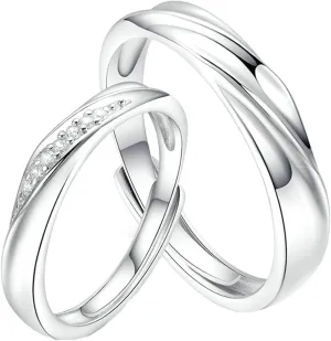 Couple Rings Engraved Engagement Rings Couple,Wedding Rings Sterling Silver Adjustable for Couple,Round with Cubic Zirconia Silver Band