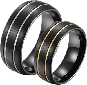 Couple Rings Engraving Couple Ring Engagement,Couples Rings Tungsten 8MM Black Ring with Brushed Round and Lines Rings for Couple