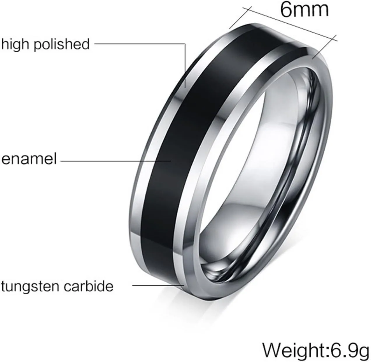 Couples Engagement Rings, Mens Tungsten Rings 6mm Silver Ring Beveled Edge with Black Enamel Engagement Couple Rings