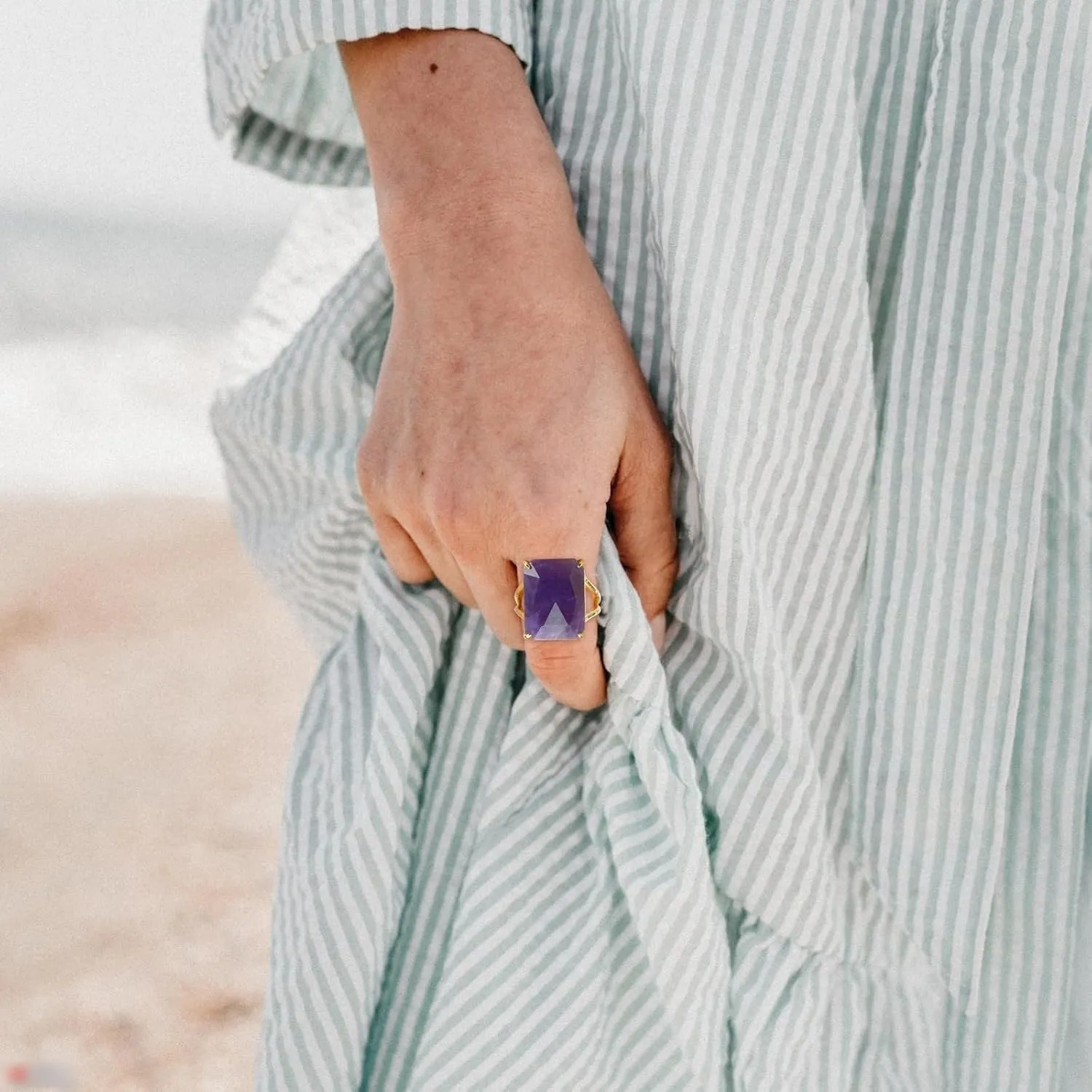 Crystal Ring for Women, Natural Gemstone Rings Healing Crystal Jewelry, Rectangle Amazonite Amethyst Sunstone Obsidian Strawberry Quartz Rings, Boho Gold Adjustable Rings for Lady.