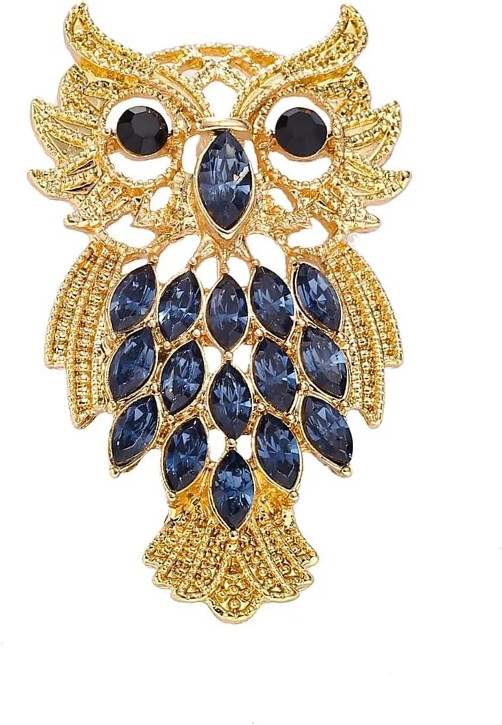 Cute Owl Bird Pin Brooches Jewelry for Women Animal Brooches Gold and Platinum Plated Full Shining Crystal Brooch Blue Cat's Eye Brooch Pins Animal Pin Brooch Christmas Enamel Jewelry Gift
