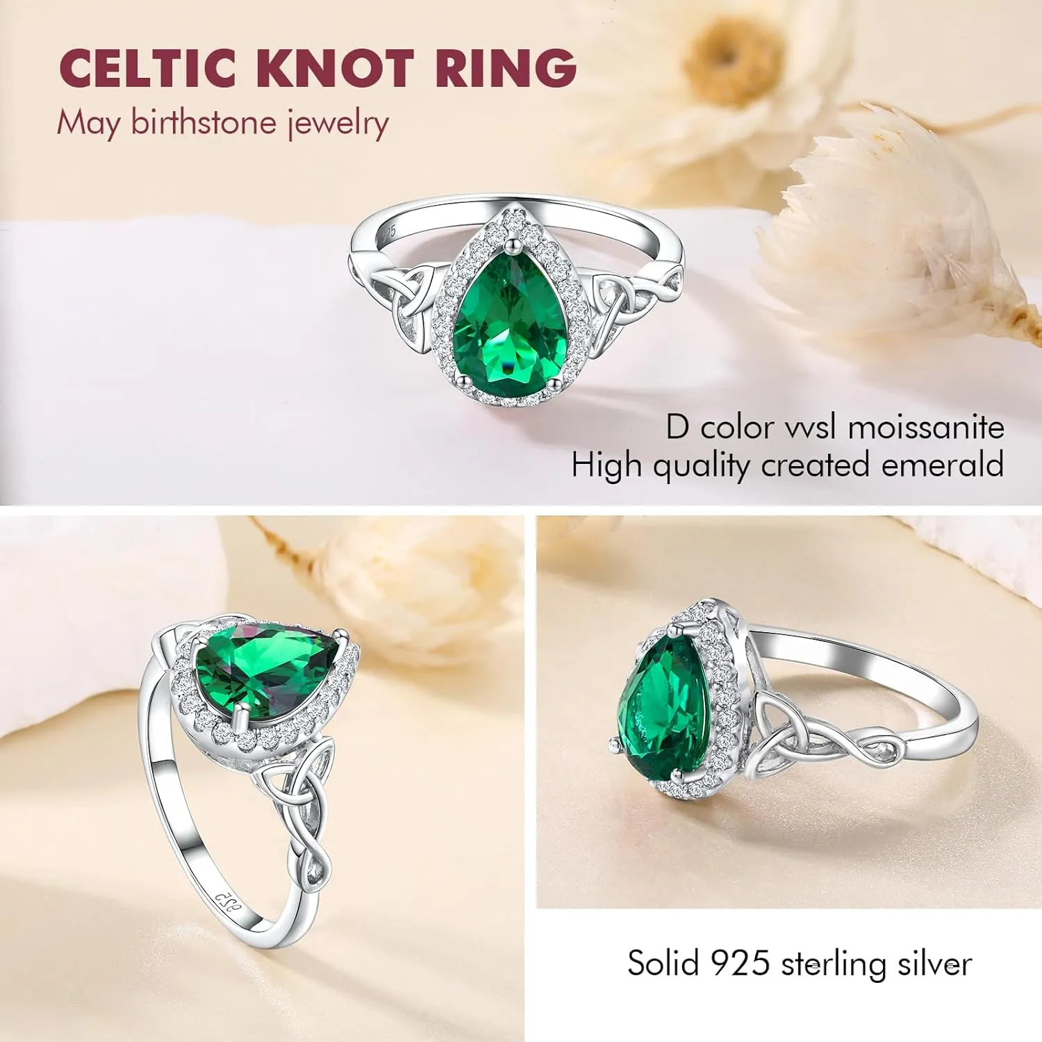 DAYBYDAY Celtic Birthstone Rings for Women 925 Sterling Silver Heart/Round/Pear/Oval Created Gemstone Moissanite Halo Engagement Promise Rings for Her Wife Birthday Anniversary Wedding Jewelry