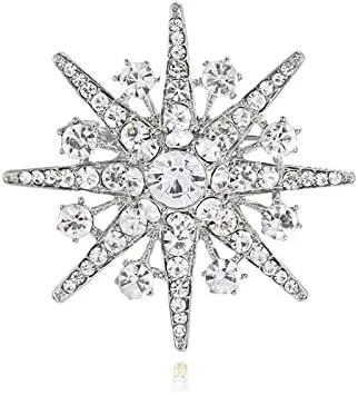 Decoration Brooch Star Brooch Sparkling Crystal Snowflake Lapel Pin Fashion Jewelry Brooches for Women Brooch Pin for Women (Silver)