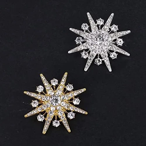 Decoration Brooch Star Brooch Sparkling Crystal Snowflake Lapel Pin Fashion Jewelry Brooches for Women Brooch Pin for Women (Silver)