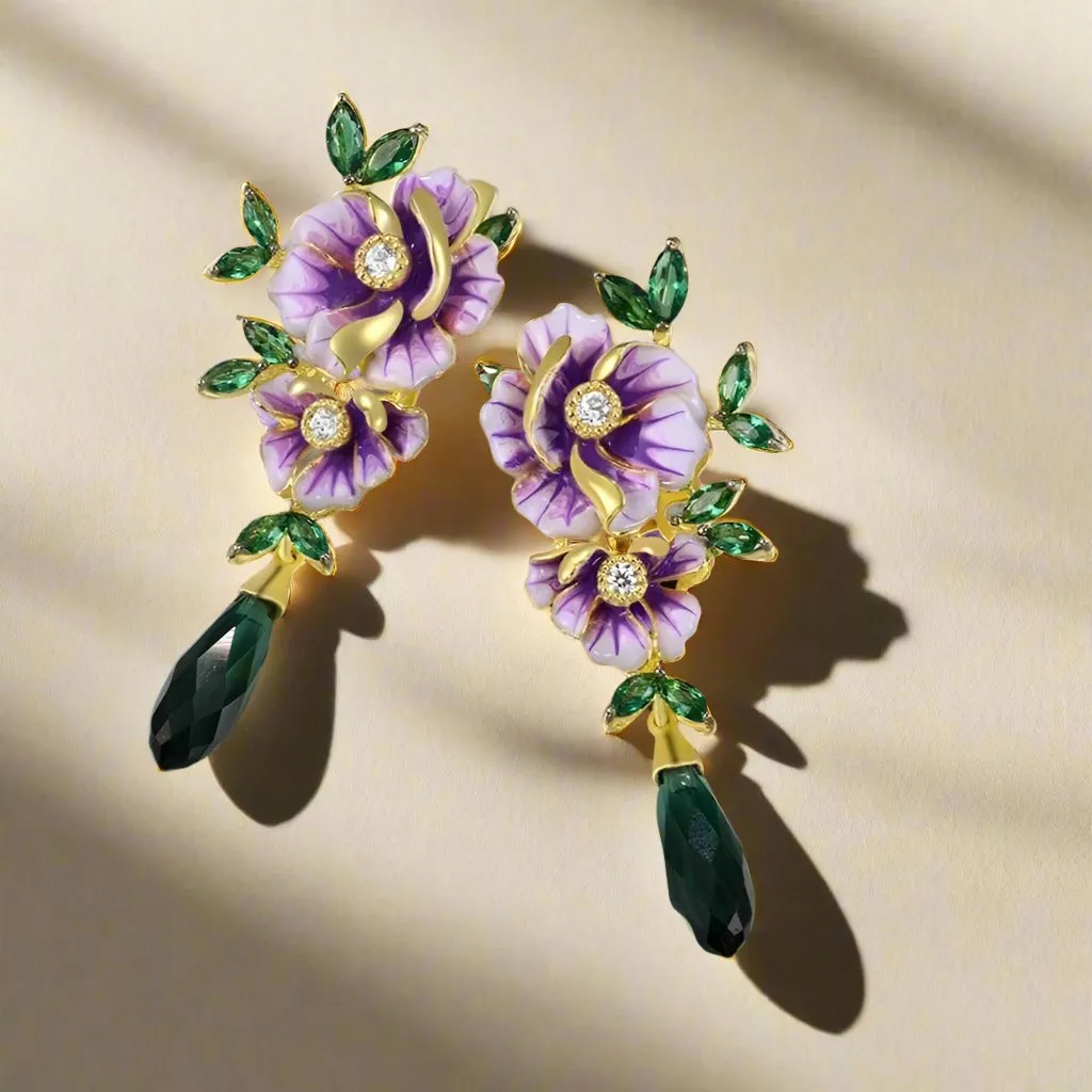 Delicate Enamel Flower with Diamond Drop Earrings
