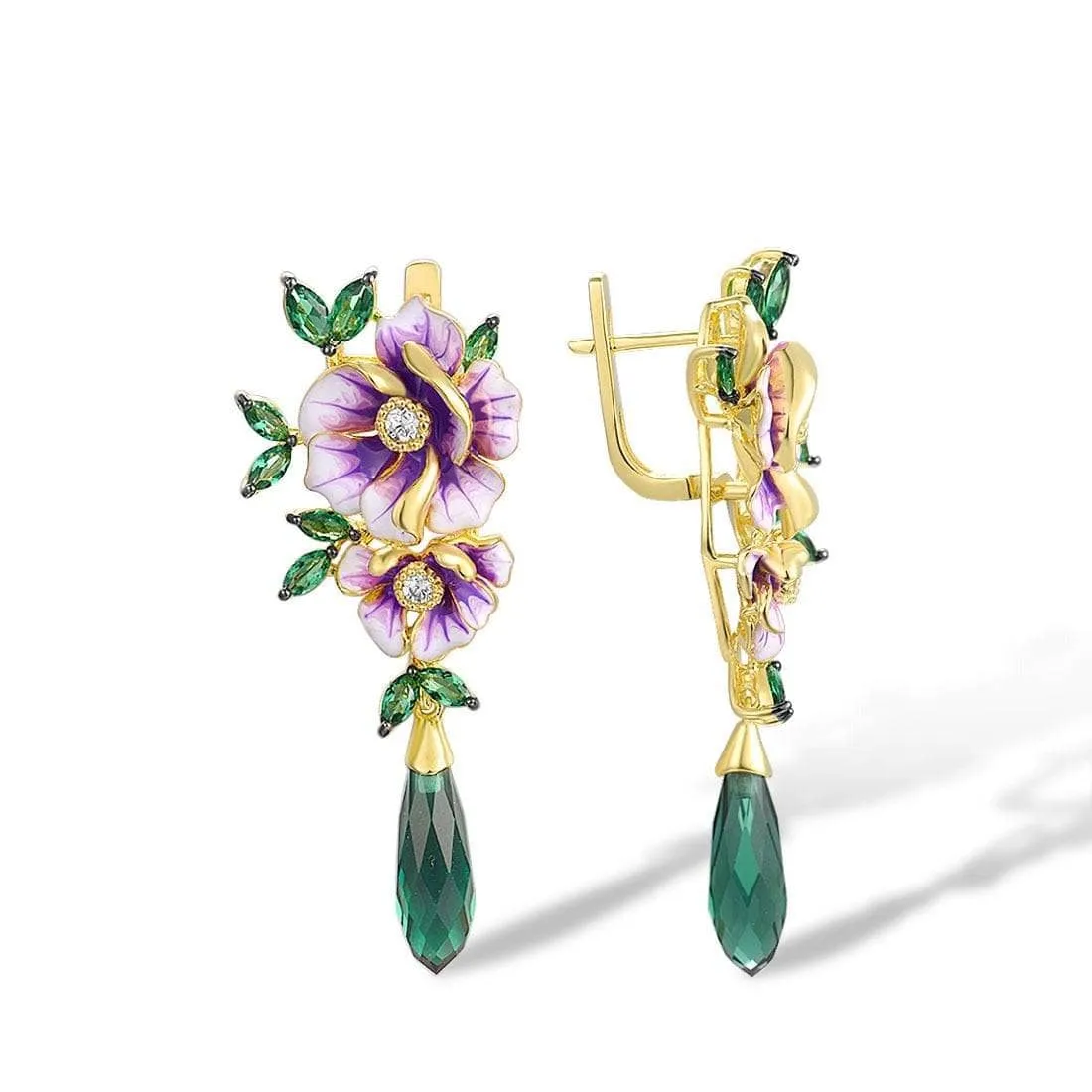 Delicate Enamel Flower with Diamond Drop Earrings
