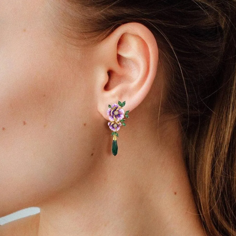 Delicate Enamel Flower with Diamond Drop Earrings