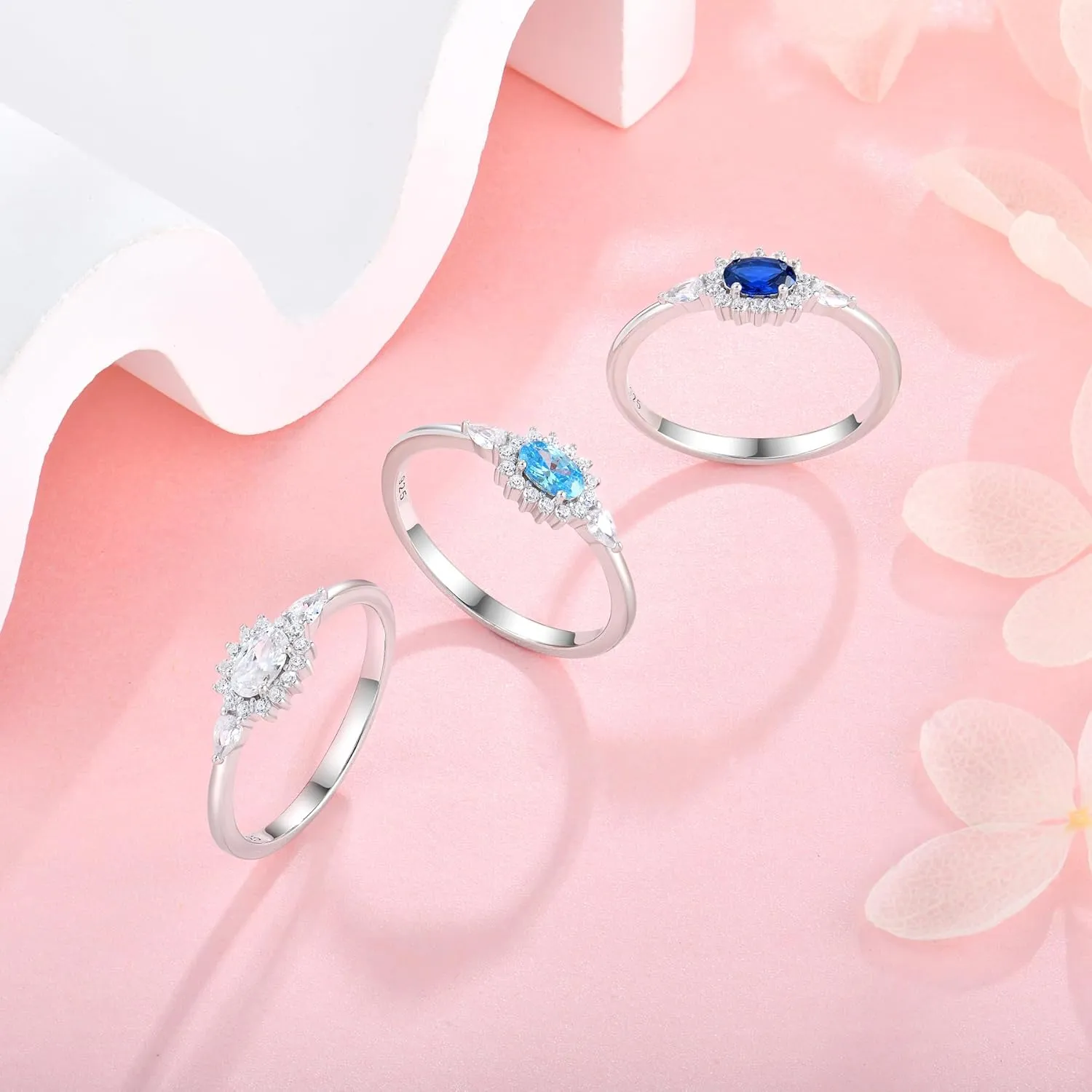 Diana Oval Shape Diamond Thin Stackable Rings for Women Birthstone 925 Sterling Silver Eternity Halo CZ Promise Engagement Statement Wedding Band Rings Jewelry for Size 6-9