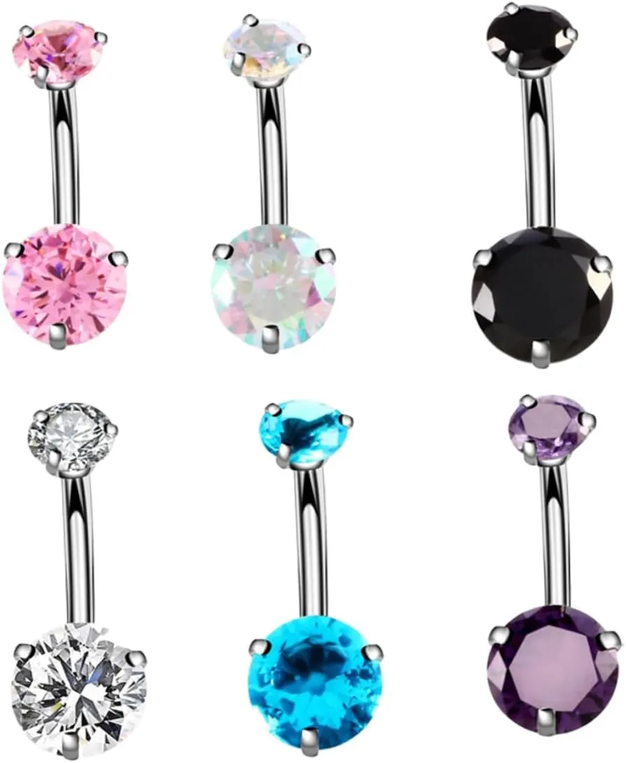 Didiseaon Glamourous Zircon Navel Rings 6 Pieces Body Piercing Jewelry Stainless Steel Perfect Present