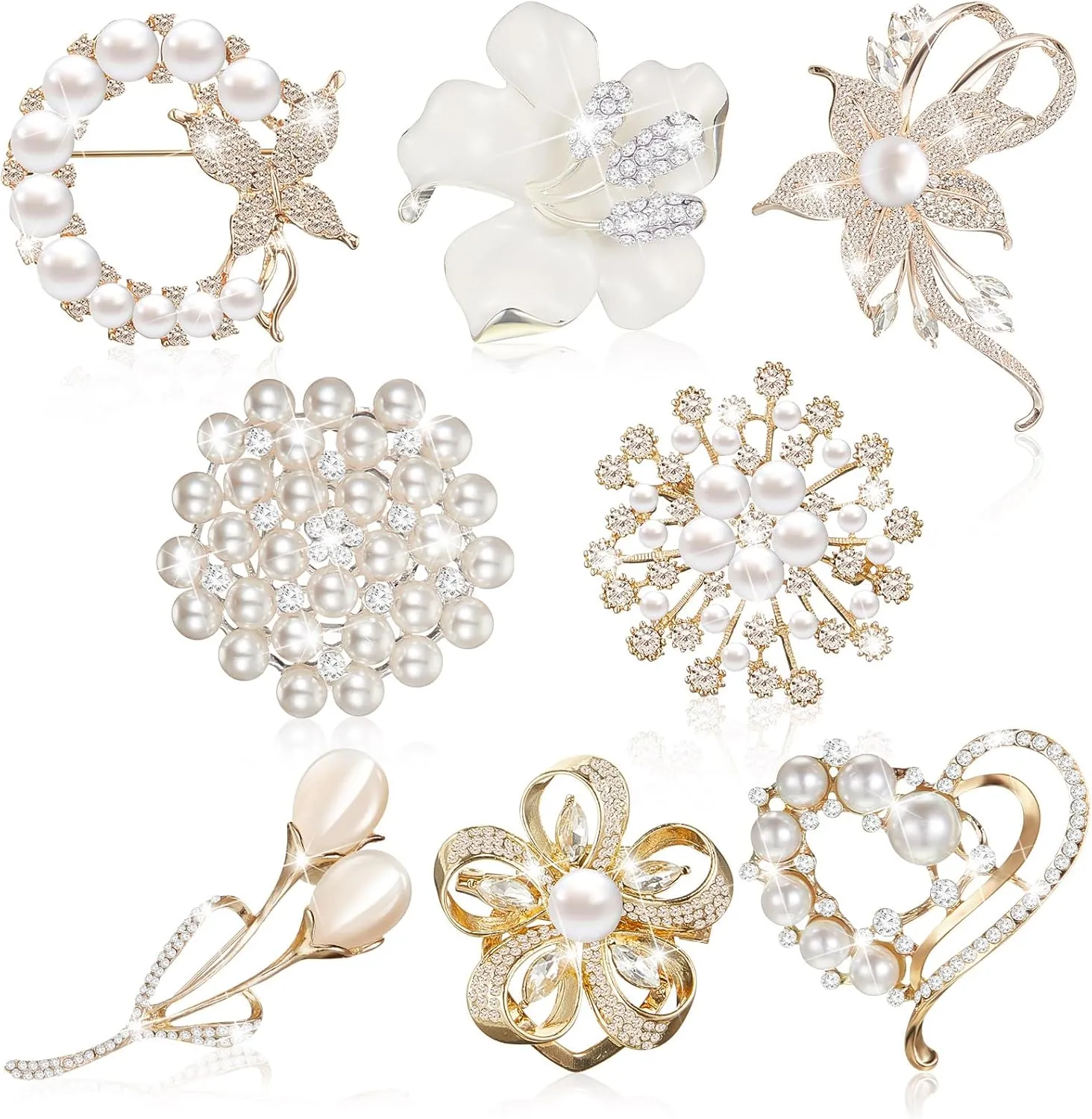 Ecally 8 Pcs Brooches and Pins for Women Pearl Rhinestone Flower Pins Heart Brooch Gift for Women Bridal Wedding Dress Bouquet