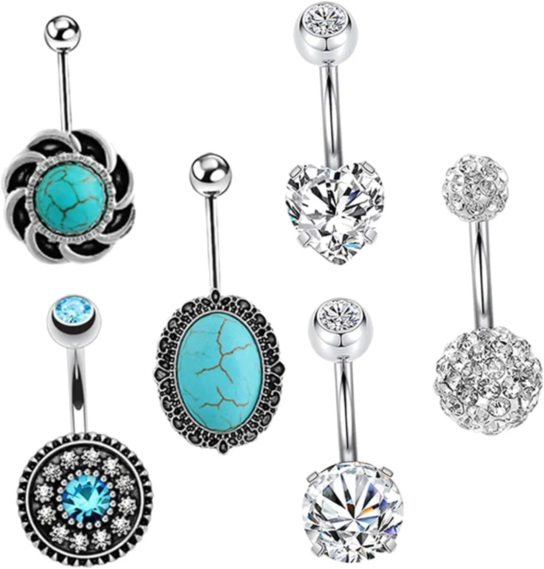 Elegant 6pc Zircon Turquoise Navel Nail Piercing Rings Stylish Belly Jewelry