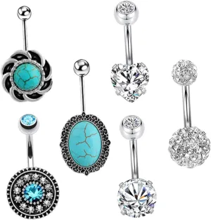 Elegant 6pc Zircon Turquoise Navel Nail Piercing Rings Stylish Belly Jewelry