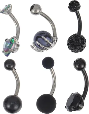 Elegant Black Belly Button Ring Set 6 Pieces Stainless Steel Navel Jewelry