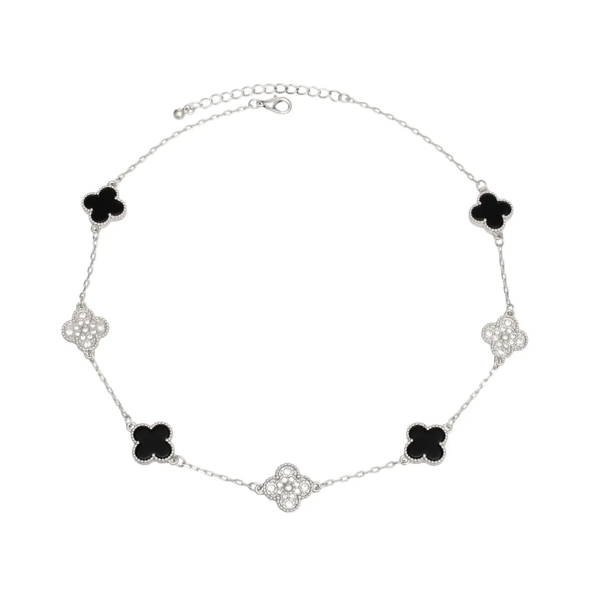 Elegant Silver Black Clover Pendant Necklace
