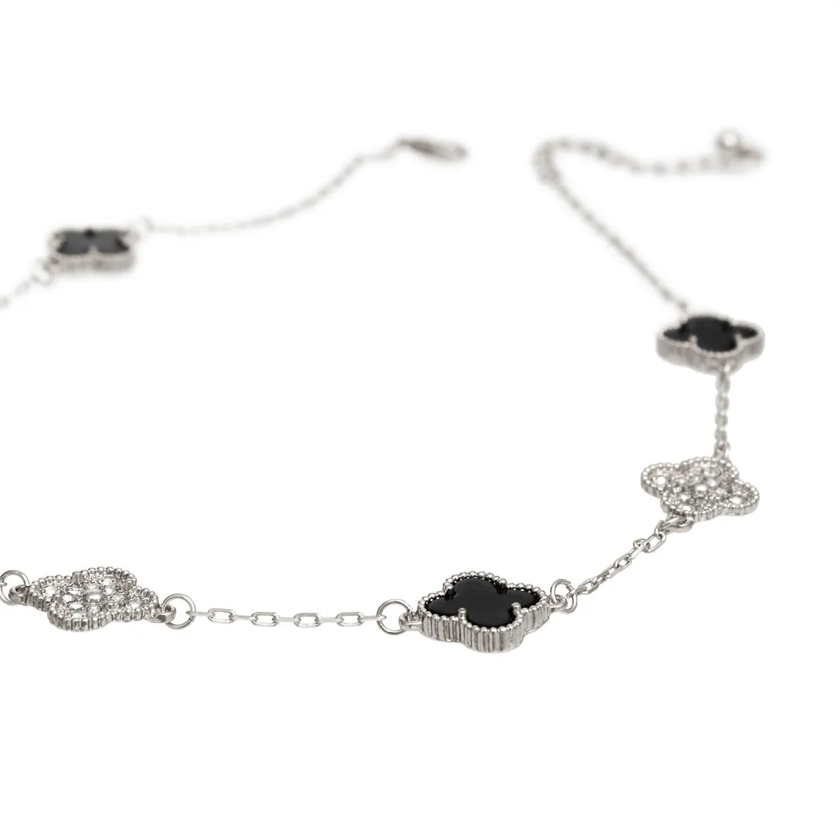 Elegant Silver Black Clover Pendant Necklace