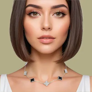 Elegant Silver Black Clover Pendant Necklace