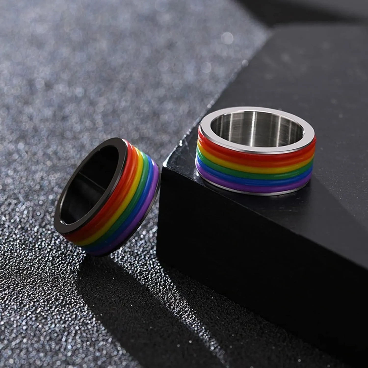 Engraved Ring Couple Couple Rings Promise Rings,Rings Stainless Steel 9MM Black Silver Ring with LGBT Couple Ring for Wedding