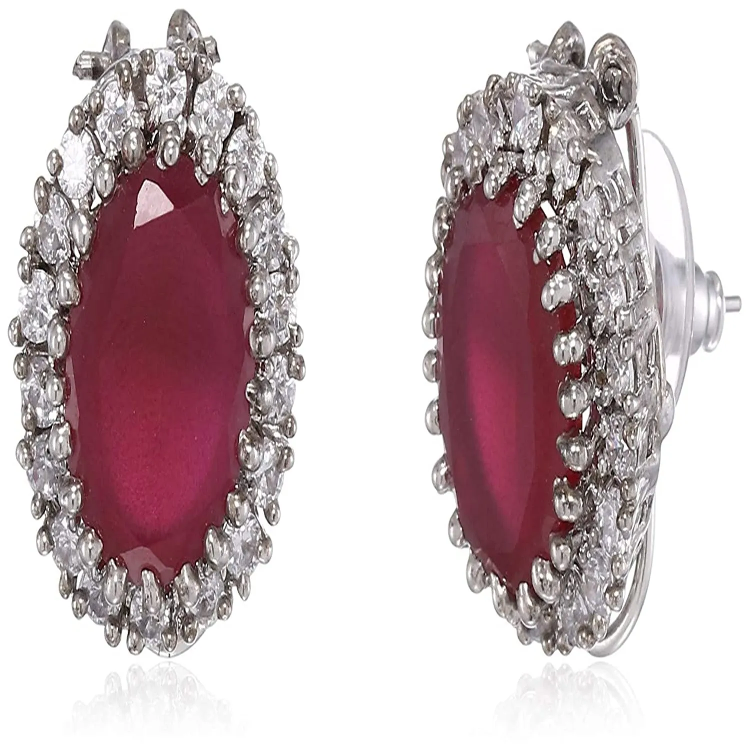 Estele Rhodium Plated CZ Ruby Halo Stud Earrings for women