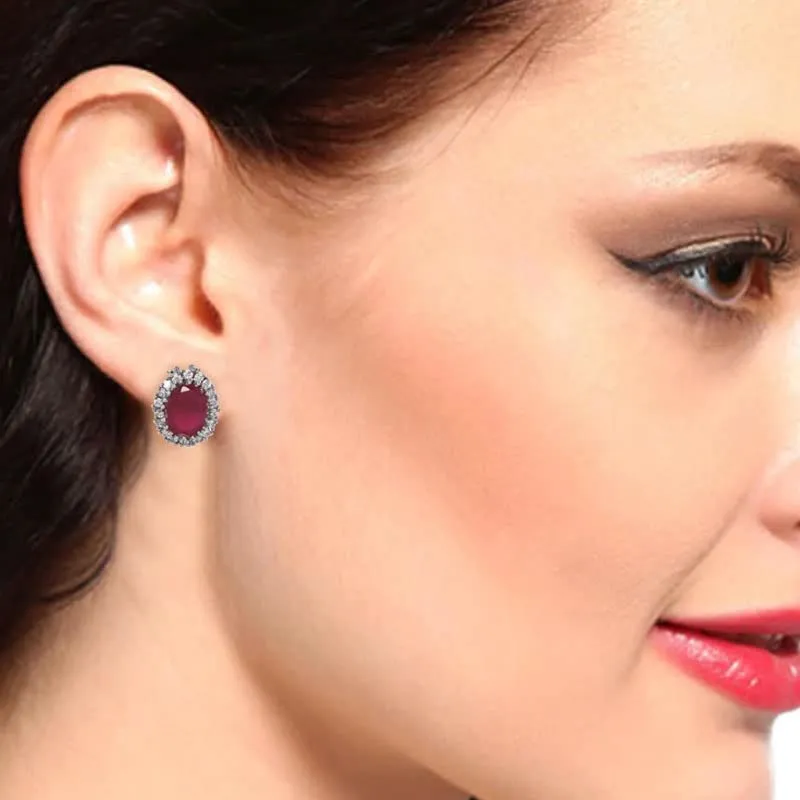 Estele Rhodium Plated CZ Ruby Halo Stud Earrings for women