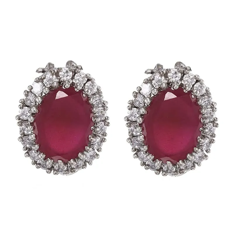 Estele Rhodium Plated CZ Ruby Halo Stud Earrings for women