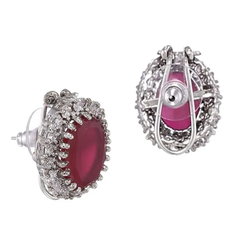 Estele Rhodium Plated CZ Ruby Halo Stud Earrings for women