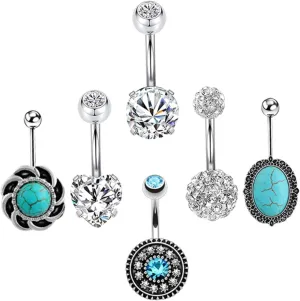 Fashion Navel Rings Set of 6 Zircon Turquoise Navel Nail Belly Button Piercing Jewelry Stainless Steel High Shine