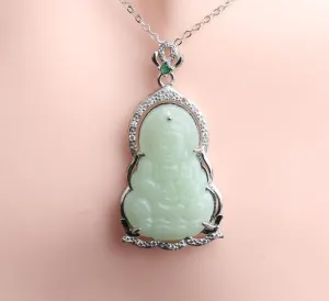 Fashionable 925 Silver AAA Zircon Studded with Diamond Guanyin Jade Pendant Natural Agate Jade Quan Yin Goddess Pendant Guan Yin Beaded Chain Jade Stone Kuan Yin Chinese Feng Shui Amulet for Wealth