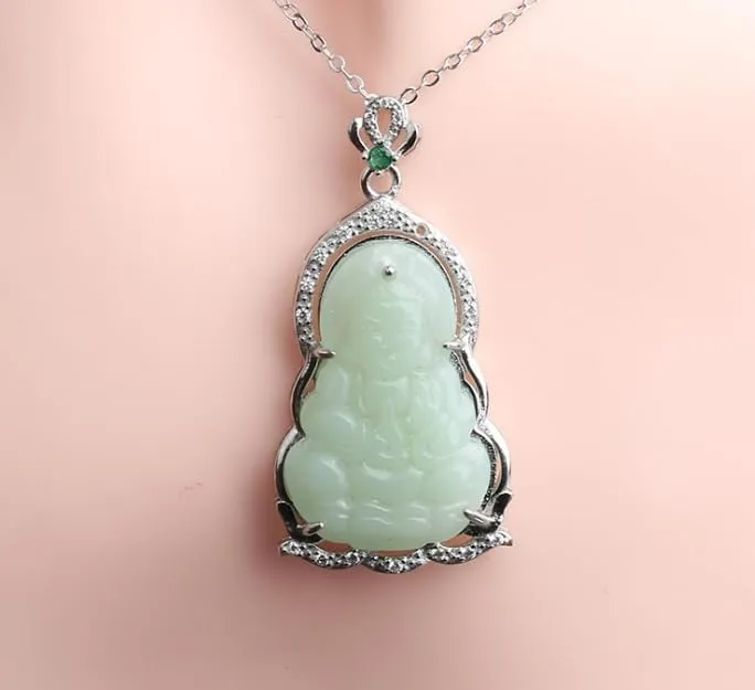 Fashionable 925 Silver AAA Zircon Studded with Diamond Guanyin Jade Pendant Natural Agate Jade Quan Yin Goddess Pendant Guan Yin Beaded Chain Jade Stone Kuan Yin Chinese Feng Shui Amulet for Wealth